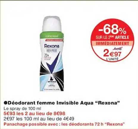 Déodorant femme Invisible Aqua "Rexona"