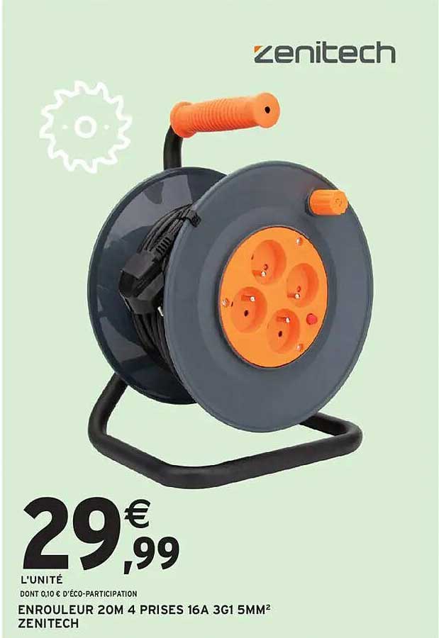 ENROULEUR 20M 4 PRISES 16A 3G1 5MM² ZENITECH