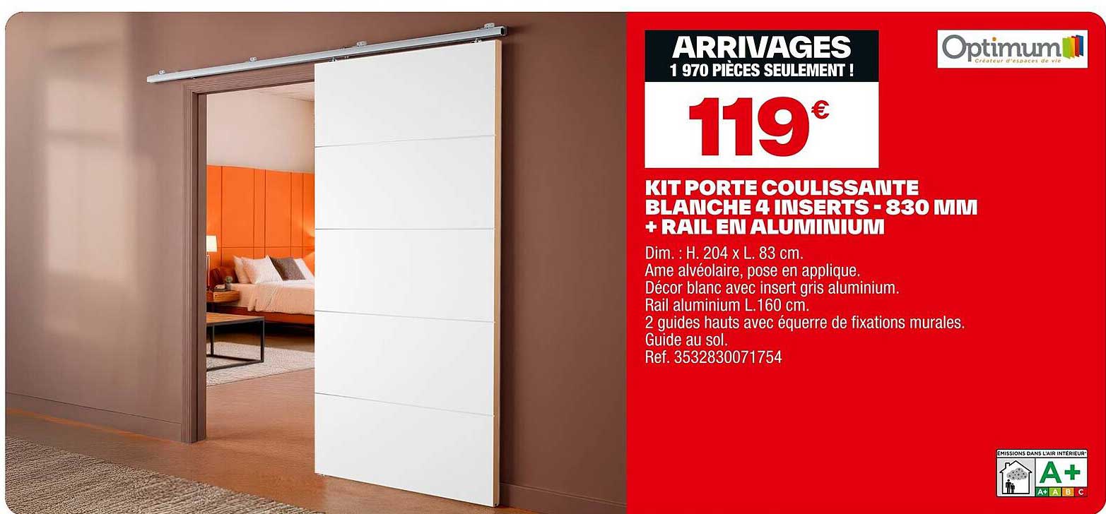 KIT PORTE COULISSANTE BLANCHE 4 INSERTS - 830 MM + RAIL EN ALUMINIUM