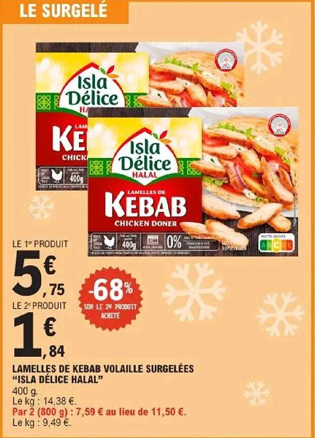 LAMELLES DE KEBAB VOLAILLE SURGELÉES "ISLA DÉLICE HALAL"