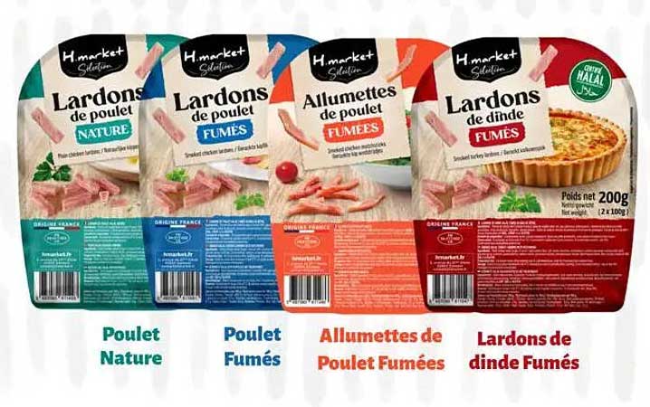 Lardons de poulet Nature, Lardons de poulet Fumés, Allumettes de Poulet Fumées, Lardons de dinde Fumés