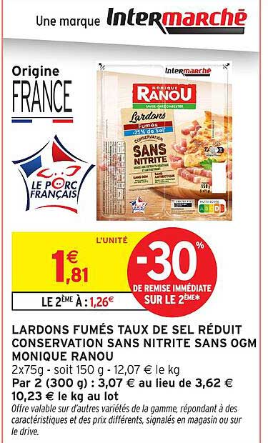 LARDONS FUMÉS TAUX DE SEL RÉDUIT CONSERVATION SANS NITRITE SANS OGM MONIQUE RANOU