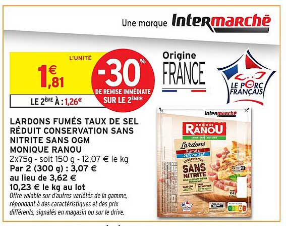 LARDONS FUMÉS TAUX DE SEL RÉDUIT CONSERVATION SANS NITRITE SANS OGM MONIQUE RANOU