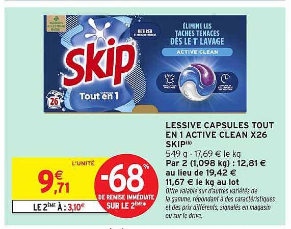 LESSIVE CAPSULES TOUT EN 1 ACTIVE CLEAN X26 SKIP