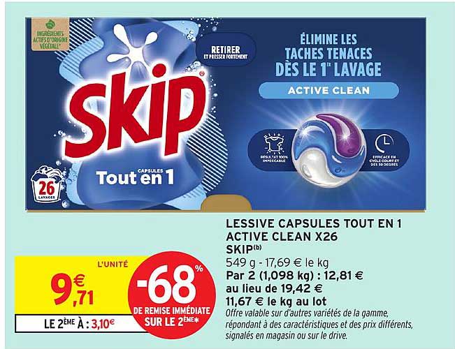 LESSIVE CAPSULES TOUT EN 1 ACTIVE CLEAN X26 SKIP