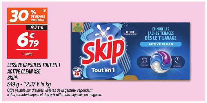 LESSIVE CAPSULES TOUT EN 1 ACTIVE CLEAN X26 SKIP
