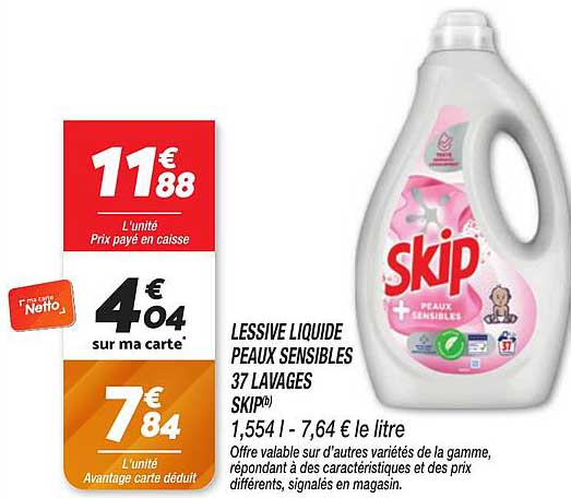 LESSIVE LIQUIDE PEAUX SENSIBLES 37 LAVAGES SKIP