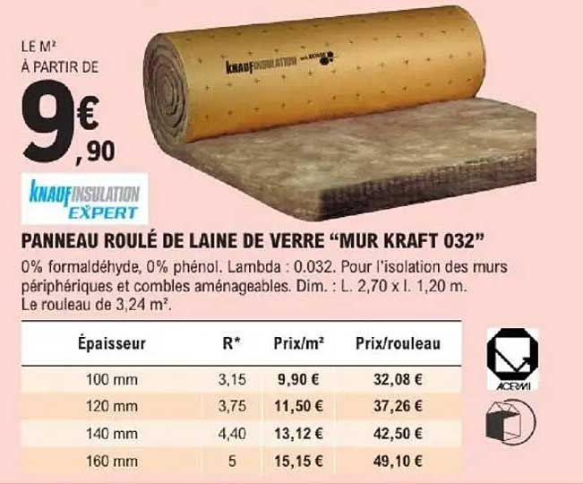 Panneau roulé de laine de verre “Mur Kraft 032”