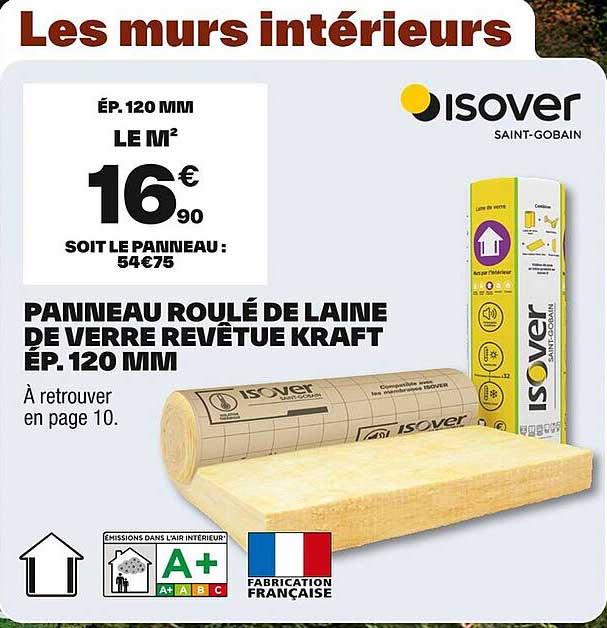 Panneau roulé de laine de verre revêtue kraft ép. 120 mm