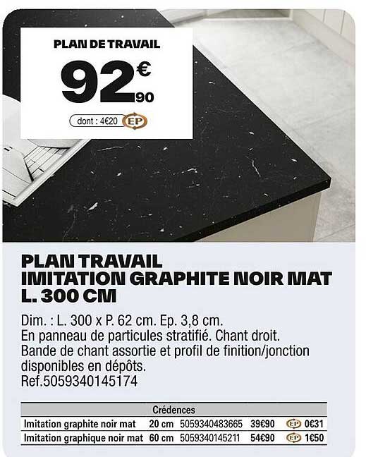 PLAN DE TRAVAIL IMITATION GRAPHITE NOIR MAT L. 300 CM