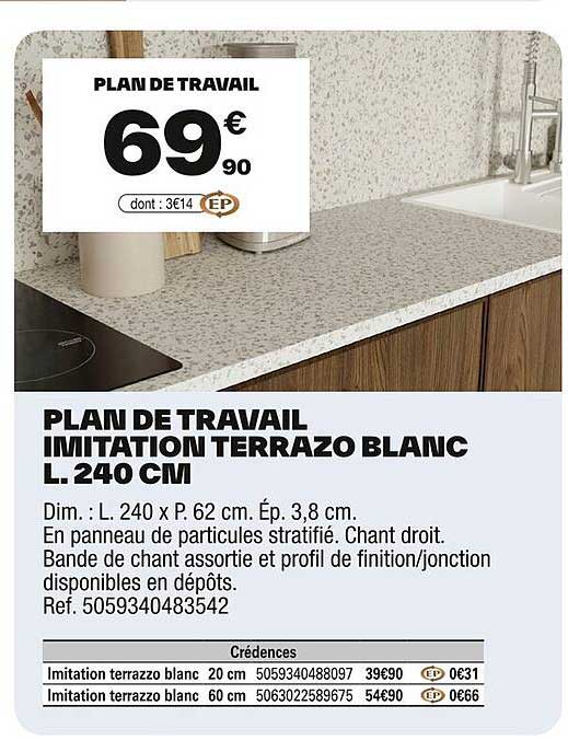 PLAN DE TRAVAIL IMITATION TERAZZO BLANC L. 240 CM