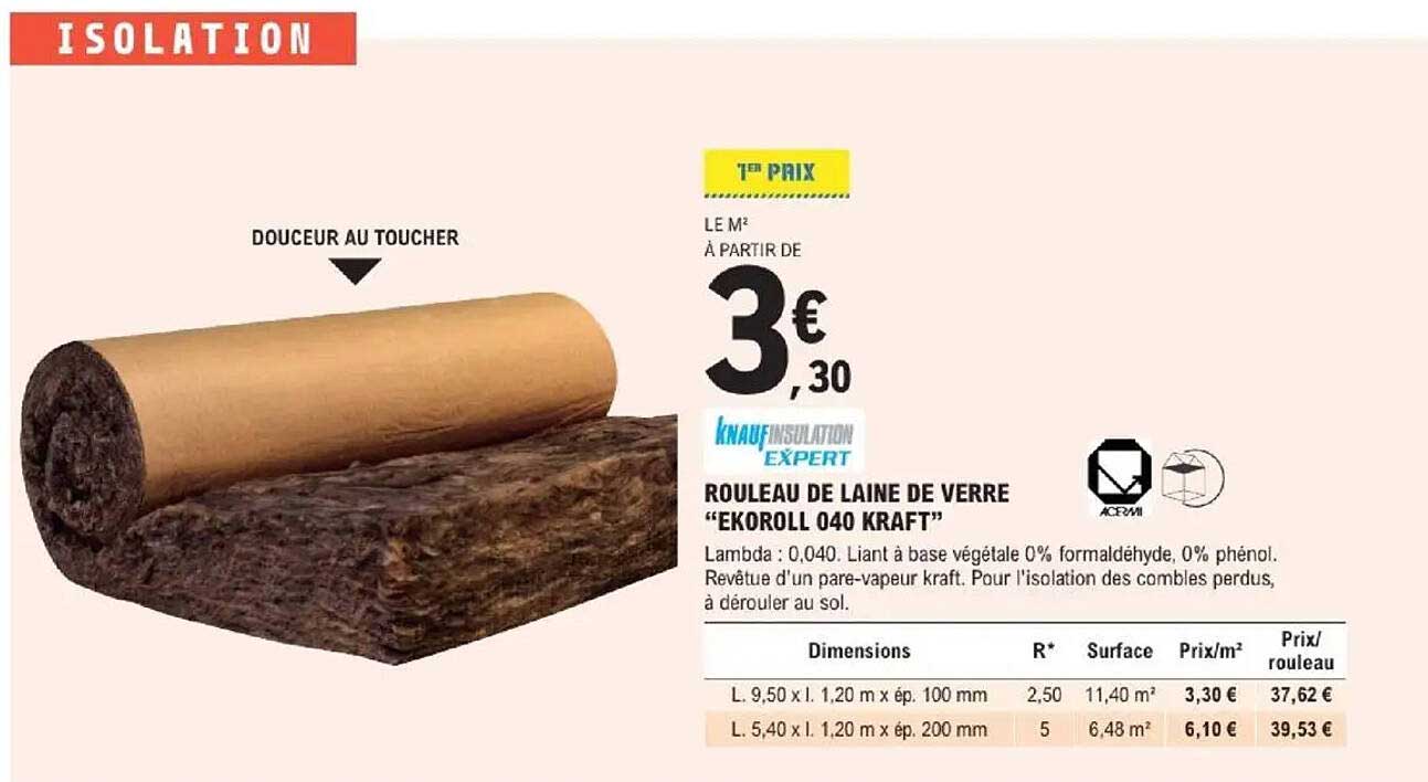 Rouleau de laine de verre "Ekoroll 040 Kraft"
