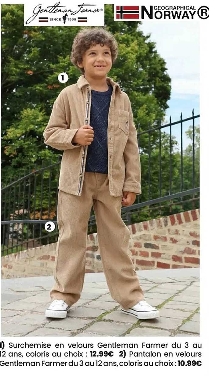 Surchemise en velours Gentleman Farmer du 3 au 12 ans, coloris au choix : 12.99€ Pantalon en velours Gentleman Farmer du 3 au 12 ans, coloris au choix : 10.99€
