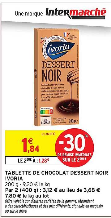 TABLETTE DE CHOCOLAT DESSERT NOIR IVORIA