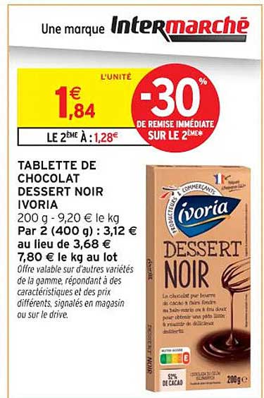 TABLETTE DE CHOCOLAT DESSERT NOIR IVORIA