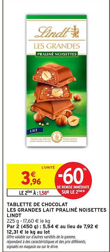TABLETTE DE CHOCOLAT LES GRANDES LAIT PRALINÉ NOISETTES LINDT