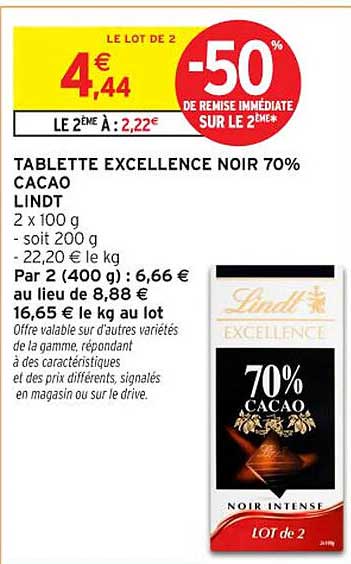 TABLETTE EXCELLENCE NOIR 70% CACAO LINDT