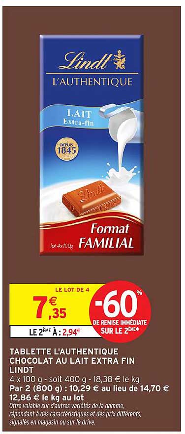 TABLETTE L'AUTHENTIQUE CHOCOLAT AU LAIT EXTRA FIN LINDT