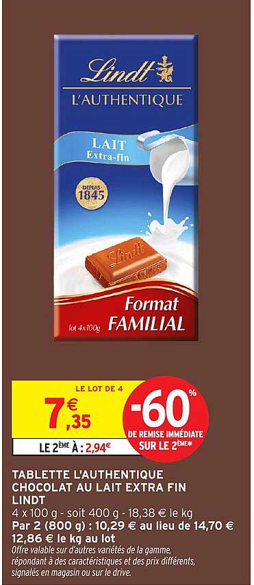 TABLETTE L'AUTHENTIQUE CHOCOLAT AU LAIT EXTRA FIN LINDT
