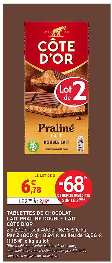 TABLETTES DE CHOCOLAT LAIT PRALINÉ DOUBLE LAIT CÔTE D'OR