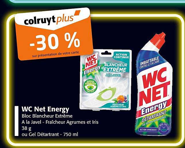 WC Net Energy Bloc Blanchisseur Extrême A la Javel - Fraîcheur Agrumes et Iris 38 g