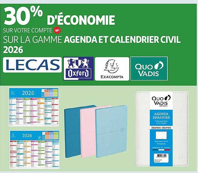 30% d'économie sur la gamme Agenda et calendrier civil 2026