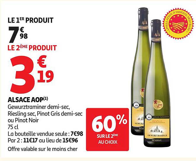Alsace AOP Gewurztraminer, Riesling sec, Pinot Gris demi-sec ou Pinot Noir