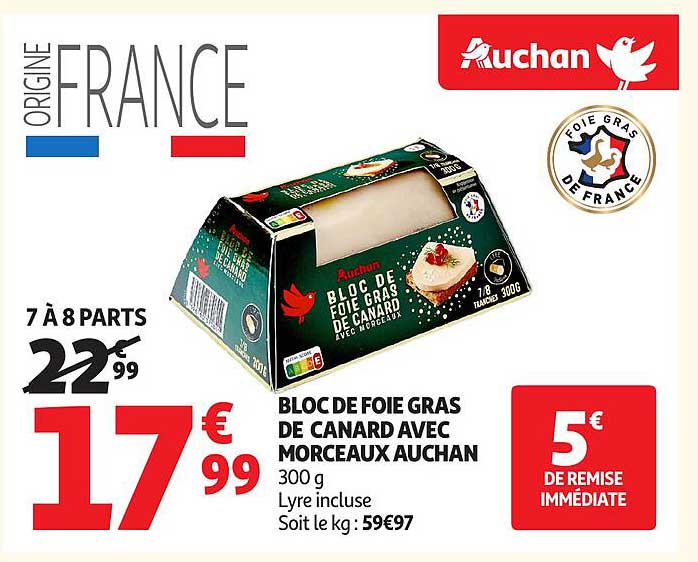 BLOC DE FOIE GRAS DE CANARD AVEC MORCEAUX AUCHAN