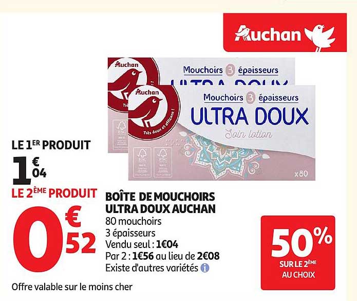 BOÎTE DE MOUCHOIRS ULTRA DOUX AUCHAN