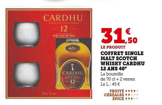 COFFRET SINGLE MALT SCOTCH WHISKY CARDHU 12 ANS 40°