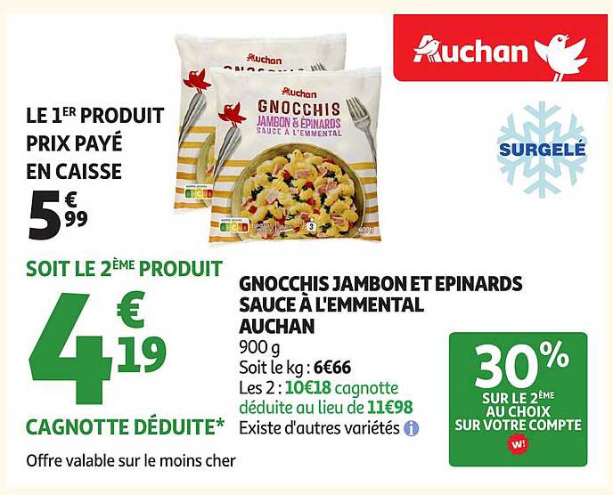 Gnocchis Jambon et Épinards Sauce à l'Émmental Auchan