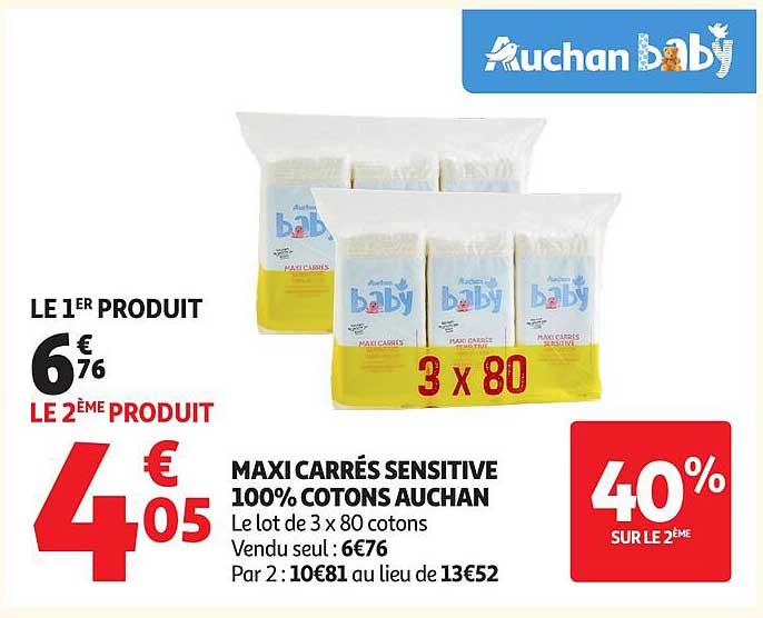 MAXI CARRÉS SENSITIVE 100% COTONS AUCHAN