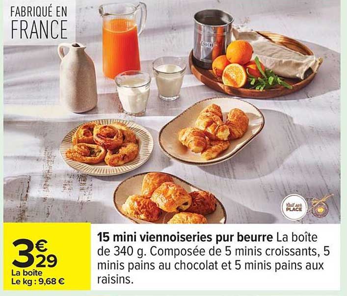 15 mini viennoiseries pur beurre La boîte de 340 g. Composée de 5 minis croissants, 5 minis pains au chocolat et 5 minis pains aux raisins.