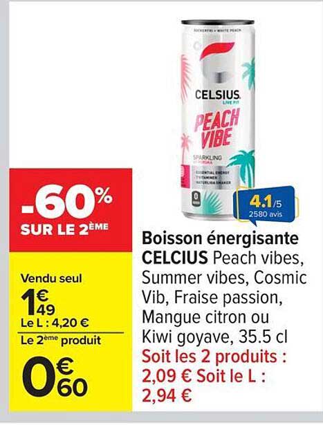 Boisson énergisante CELCIUS Peach vibes, Summer vibes, Cosmic Vib, Fraise passion, Mangue citron ou Kiwi goyave, 35.5 cl