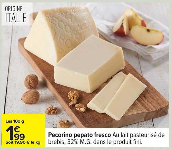 Pecorino pepato fresco Au lait pasteurisé de brebis, 32% M.G. dans le produit fini.
