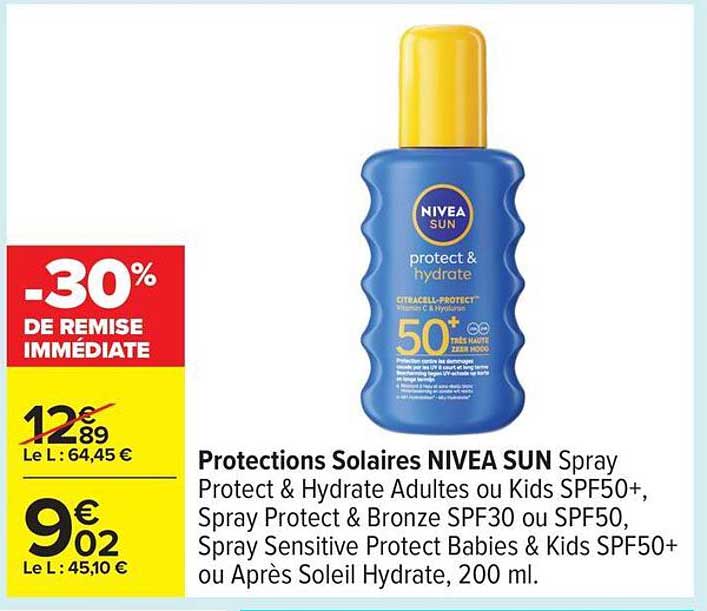 Protections Solaires NIVEA SUN Spray Protect & Hydrate Adultes ou Kids SPF50+, Spray Protect & Bronze SPF30 ou SPF50, Spray Sensitive Protect Babies & Kids SPF50+ ou Après Soleil Hydrate, 200 ml.
