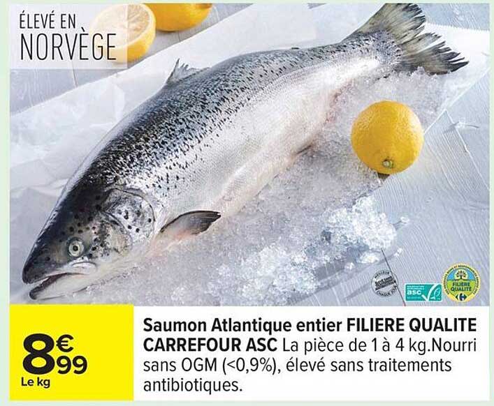 Saumon Atlantique entier FILIERE QUALITE CARREFOUR ASC La pièce de 1 à 4 kg.Nourri sans OGM (<0,9%), élevé sans traitements antibiotiques.