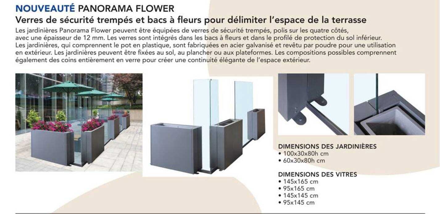 NOUVEAUTÉ PANORAMA FLOWER Verres de sécurité trempés et bacs à fleurs pour délimiter l’espace de la terrasse