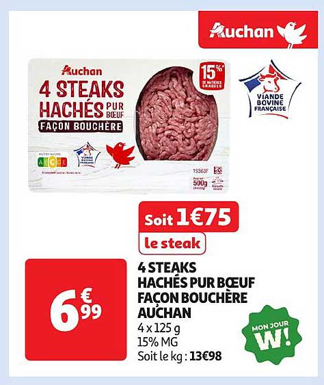 4 STEAKS HACHÉS PUR BŒUF FAÇON BOUCHÈRE AUCHAN