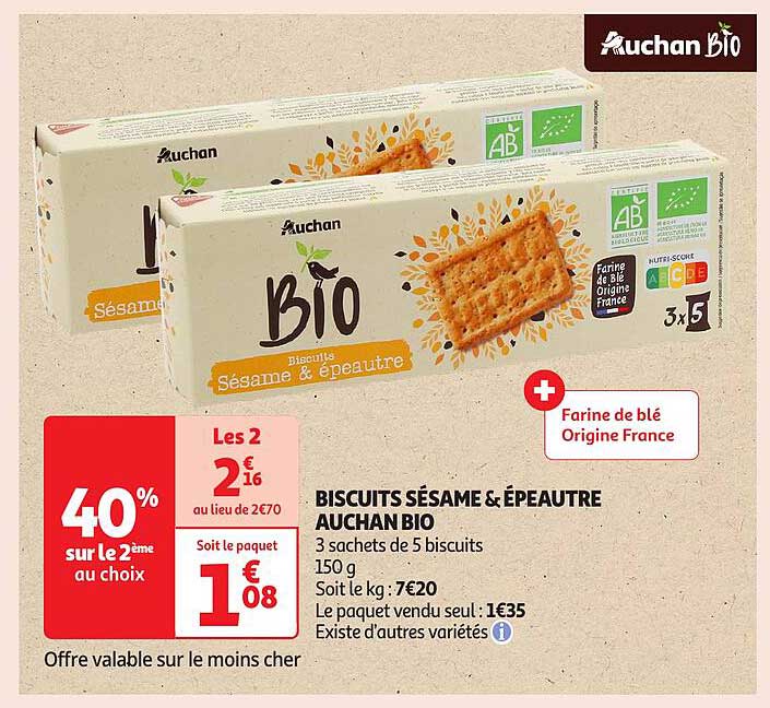 BISCUITS SÉSAME & ÉPEAUTRE AUCHAN BIO