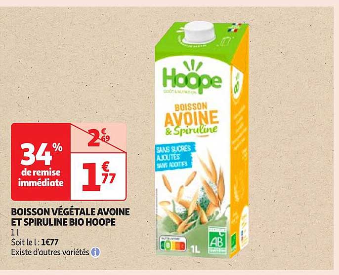 BOISSON VÉGÉTALE AVOINE ET SPIRULINE BIO HOOPE