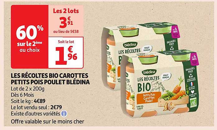 LES RÉCOLTES BIO CAROTTES PETITS POIS POULET BLÉDINA