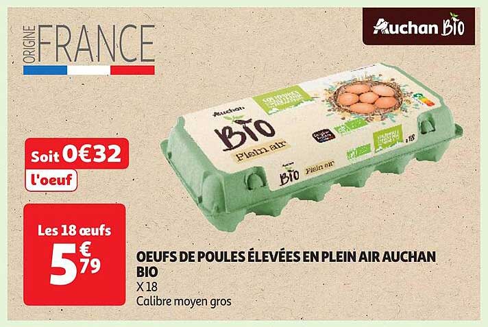 OEufs de poules élevées en plein air Auchan Bio X 18