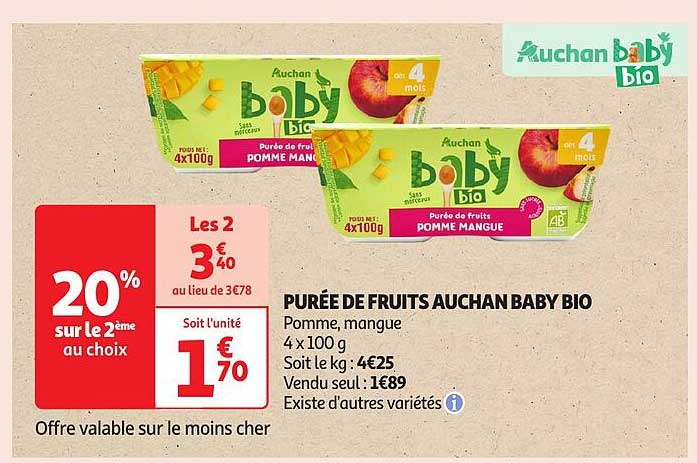 PURÉE DE FRUITS AUCHAN BABY BIO - Pomme, Mangue
