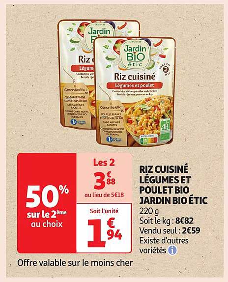 RIZ CUISINÉ LÉGUMES ET POULET BIO JARDIN BIO ÉTIC