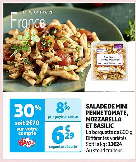 SALADE DE MINI PENNE TOMATE, MOZZARELLA ET BASILIC