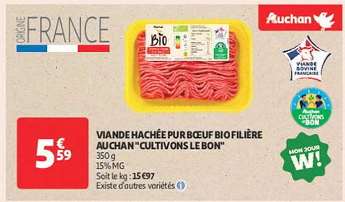 VIANDE HACHÉE PUR BŒUF BIO FILIÈRE AUCHAN "CULTIVONS LE BON"