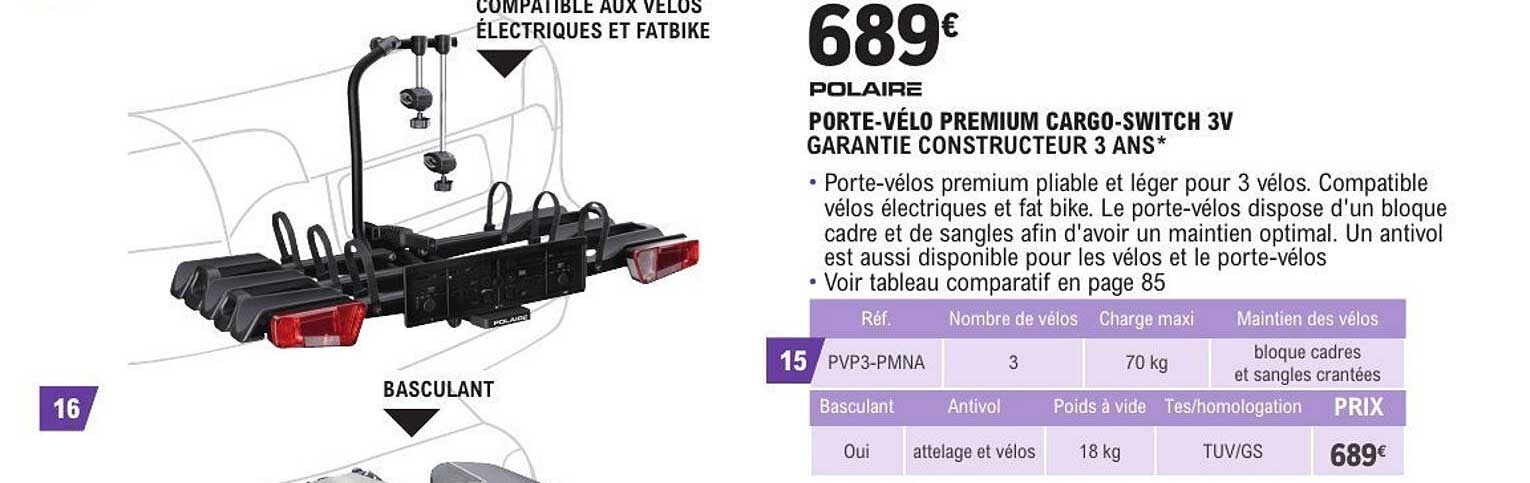 POLAIRE PORTE-VÉLO PREMIUM CARGO-SWITCH 3V GARANTIE CONSTRUCTEUR 3 ANS*