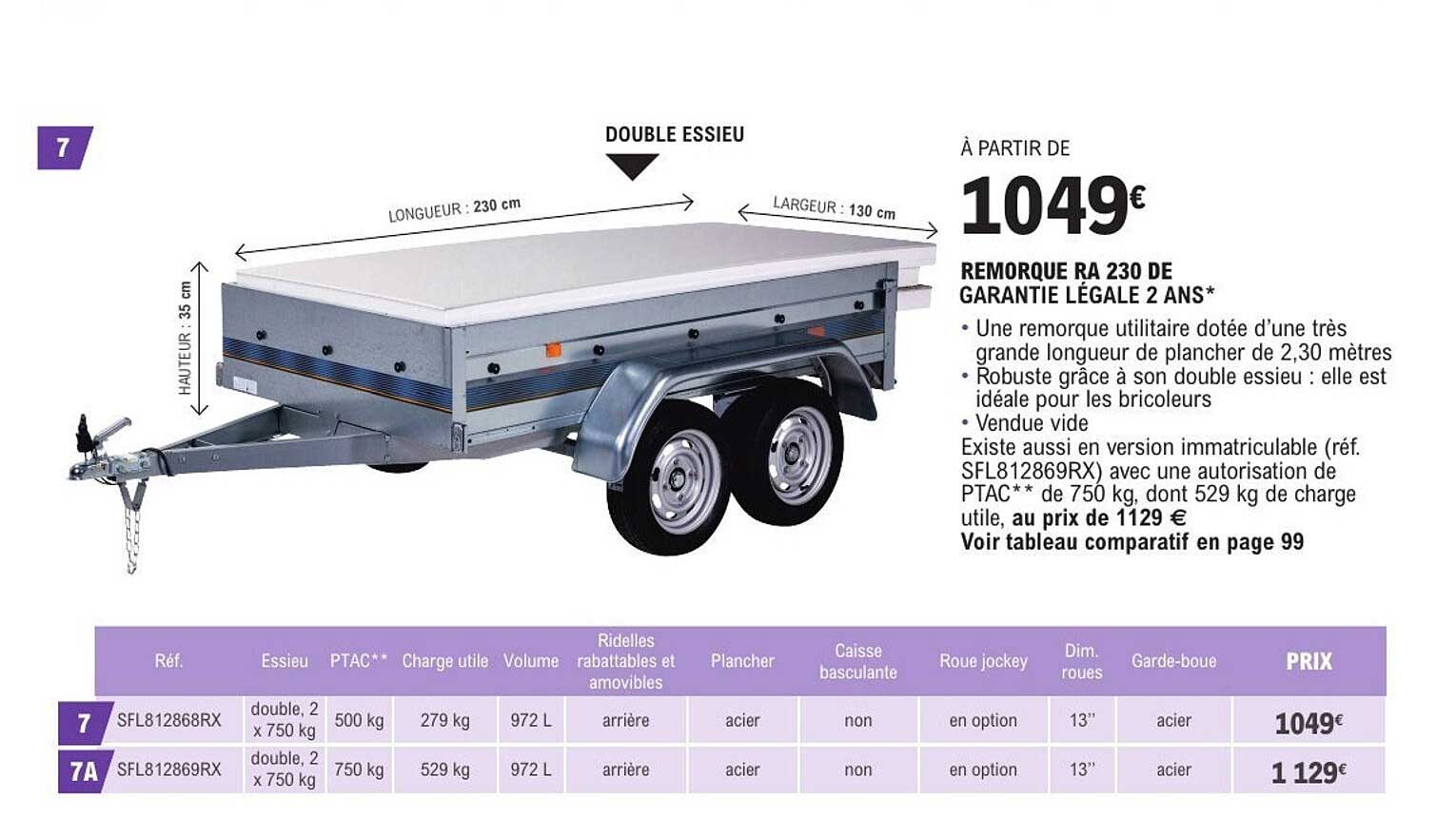 REMORQUE RA 230 DE GARANTIE LÉGALE 2 ANS*