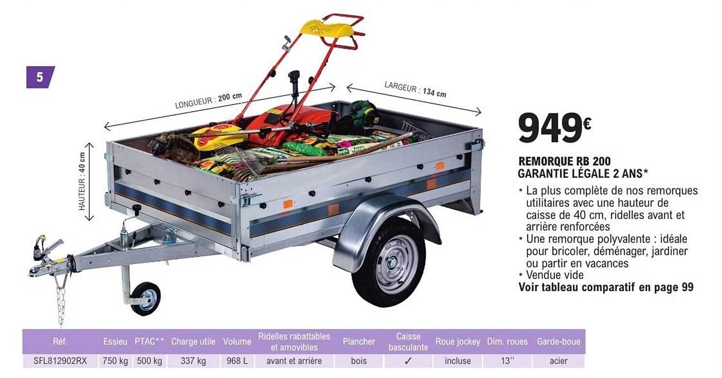 REMORQUE RB 200 GARANTIE LÉGALE 2 ANS*